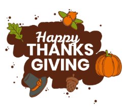 Clipart with the words Happy Thanksgiving on a brown background with an acorn, a pumpkin, and a pilgrim\'s hat